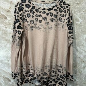 Tickled Teal Women's‎ Leopard Print Long Sleeve Top with Tie - Size L
